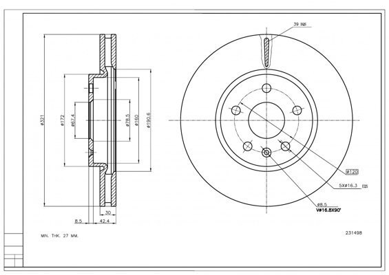 диск тормозной пер. Opel Insignia A, Chevrolet Malibu (d321x30mm)  (HART)