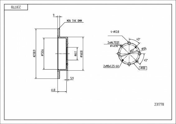 диск тормозной зад. Honda Civic, Jazz 04->, Accord 85-> (d239x9mm)  (HART)