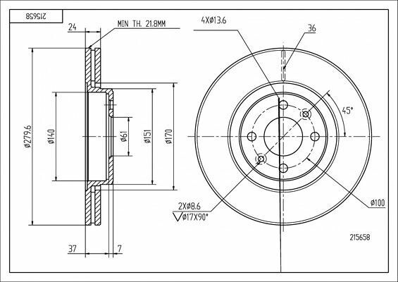 диск тормозной пер. Renault Megane II, Laguna I, Kangoo I (d280x24mm)  (HART)