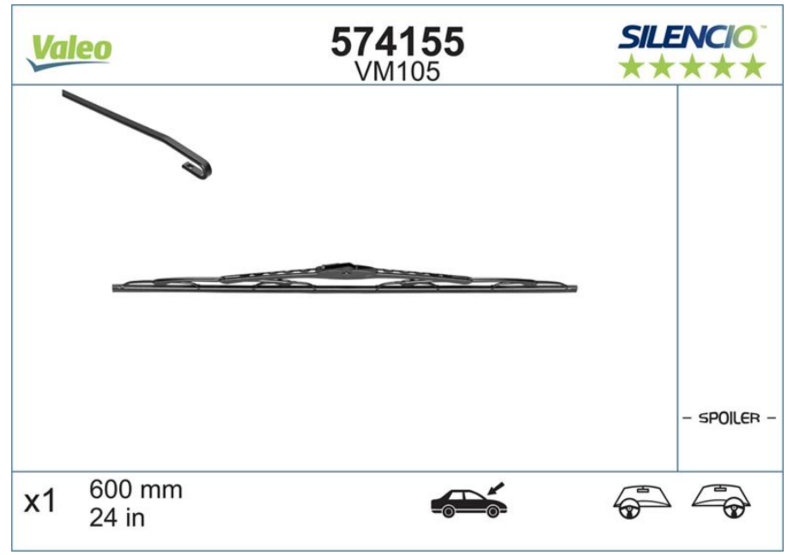 Склоочисник VALEO / каркасний / 600 мм. / + спойлер /