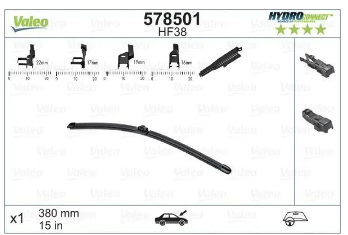 Склоочисник VALEO / безкаркасний / 380 мм. /