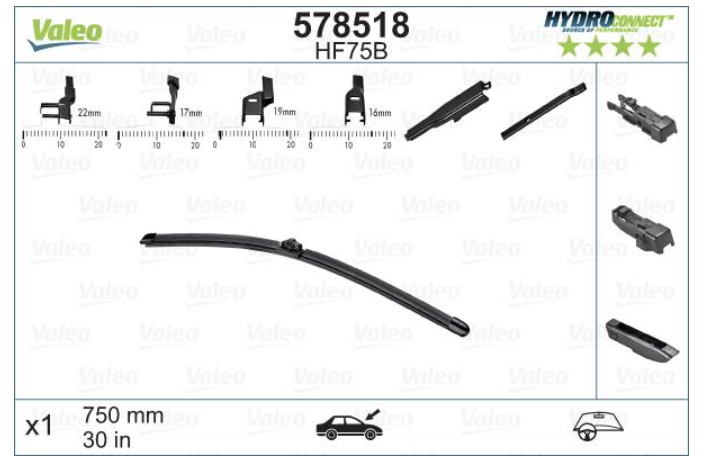 Склоочисник VALEO HYDROCONNECT / безкаркасний / 750 мм. / 578518 - зображення 1