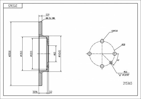 диск тормозной пер. VW Caddy II, Golf II-III, Passat B3/B4, Vento, Polo, (d256x13mm)   (HART)