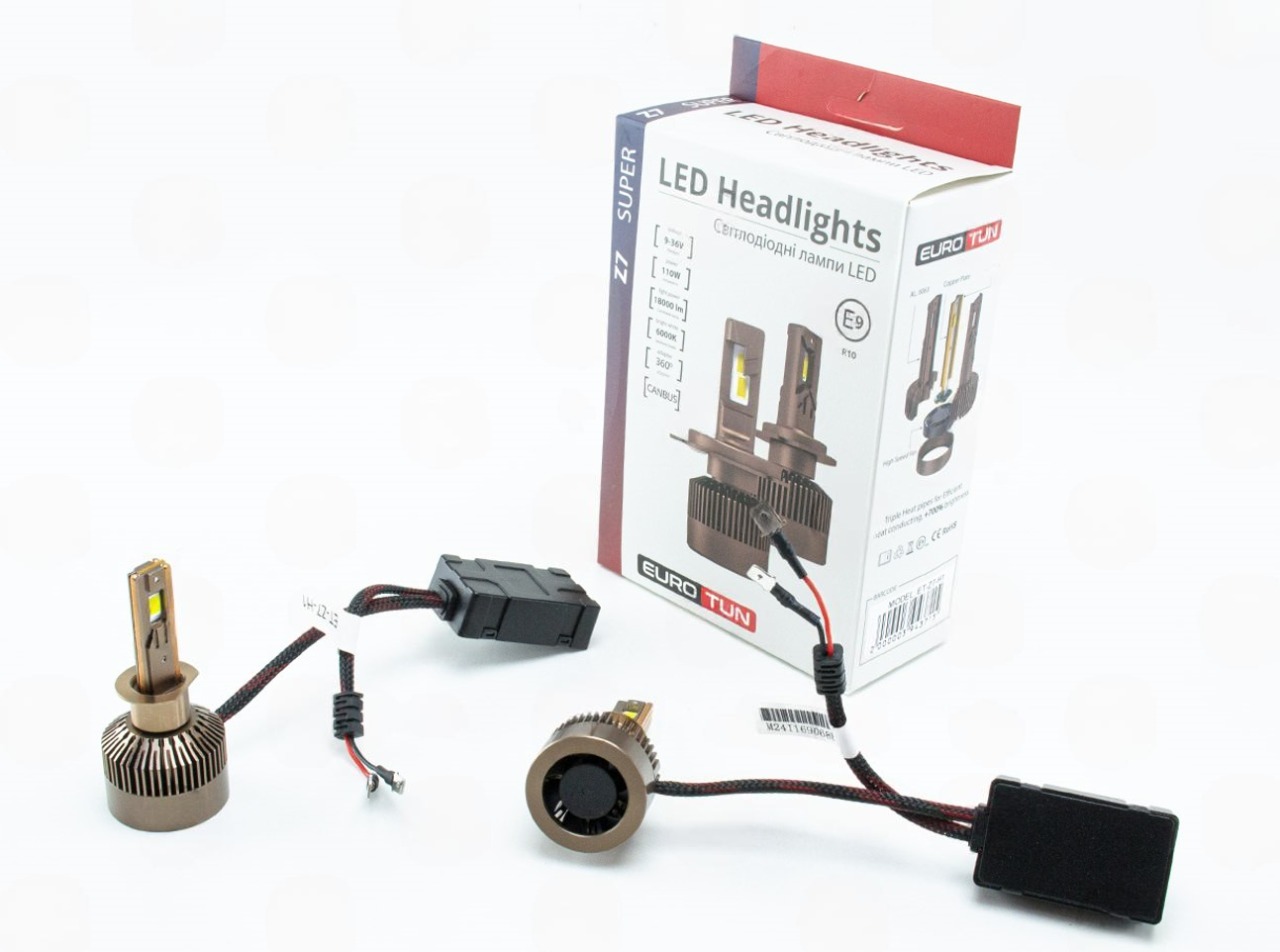 лампа LED H1 12V-24V 110W EUROTUN Z7 18000L 6500K CAN BUS радиатор с вентилят. ET-Z7-H1 - зображення 1