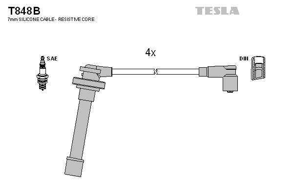Кабель запалювання к-кт TESLA Nissan Almera N15,Primera P10,P11, Sunny 90-01 T848B - зображення 1