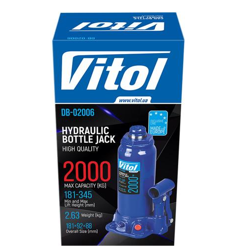 домкрат гидравл.  2Т  181-345мм  (коробка) Vitol ДБ-02006 - зображення 2